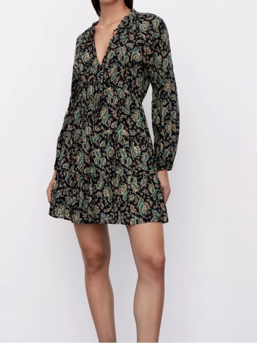 Zara Black Paisley Mini Dress with Green and Cream Accents